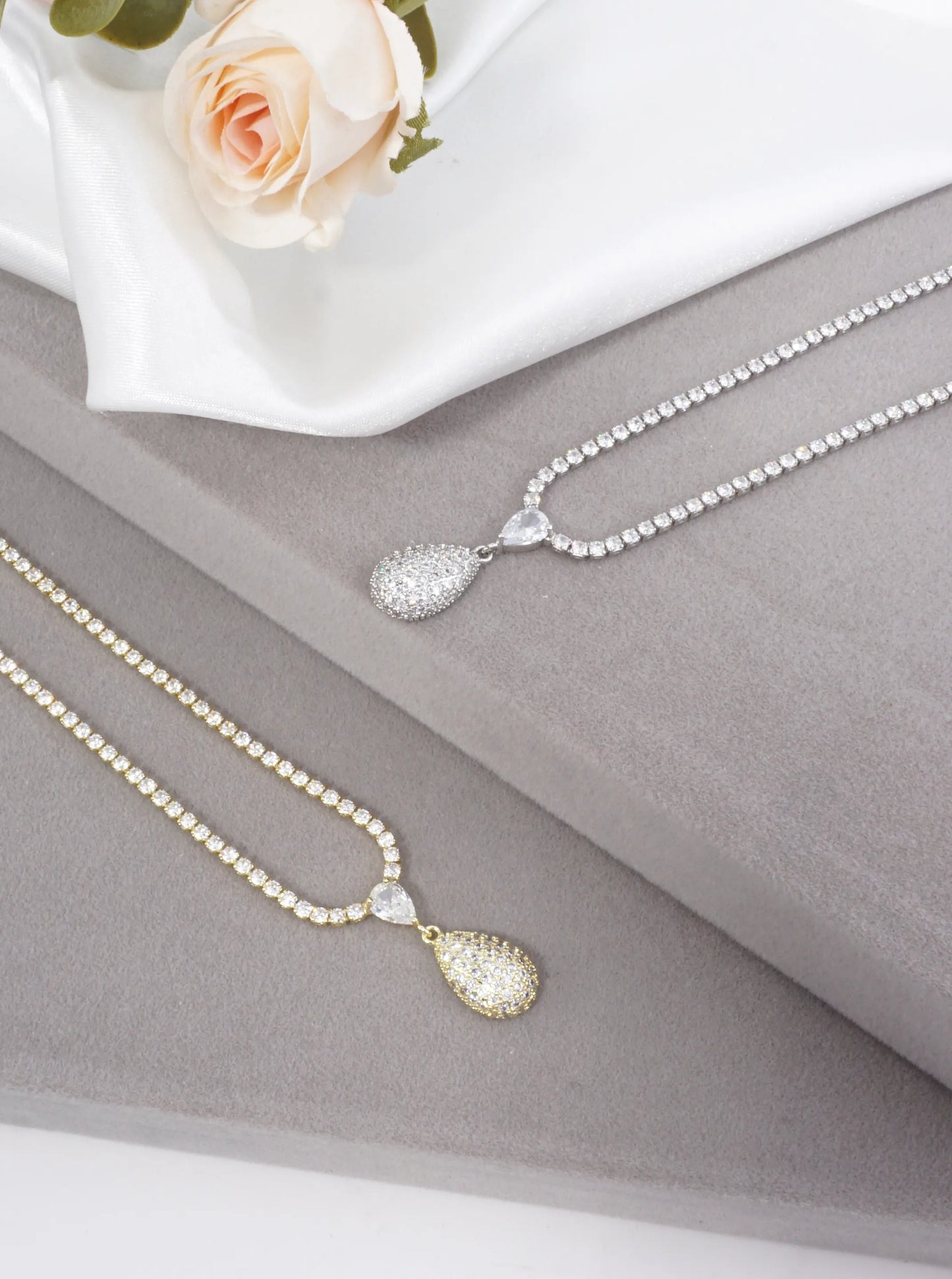 Sculptural Pave Teardrop Tennis Necklace