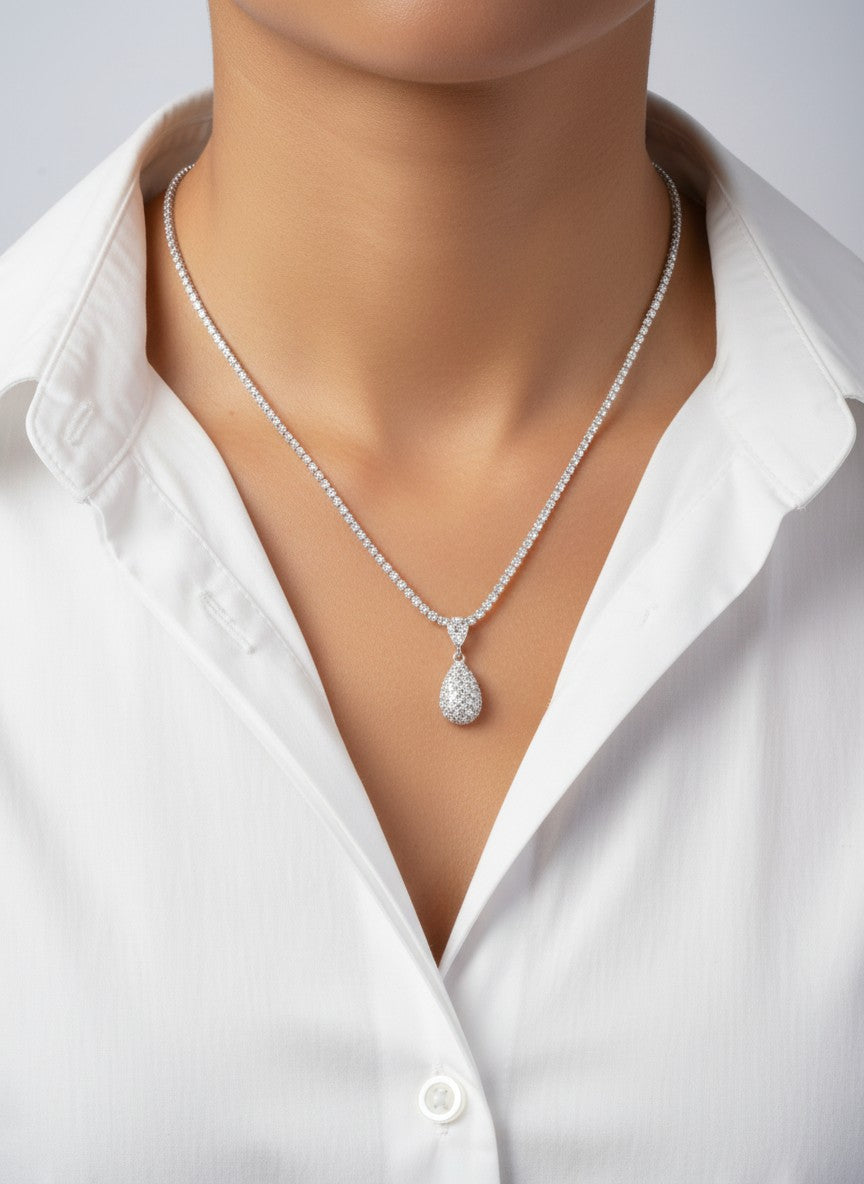 Sculptural Pave Teardrop Tennis Necklace