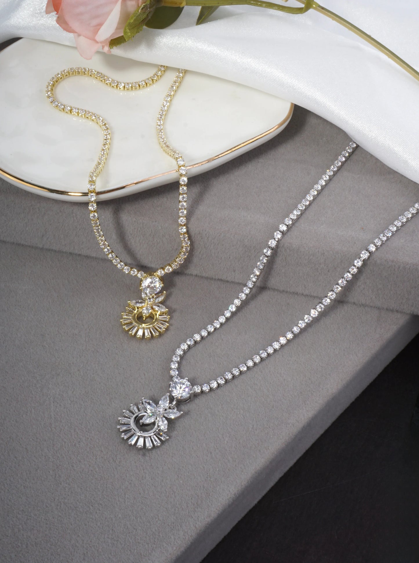 Cubic Zirconia Flower Tennis Necklace