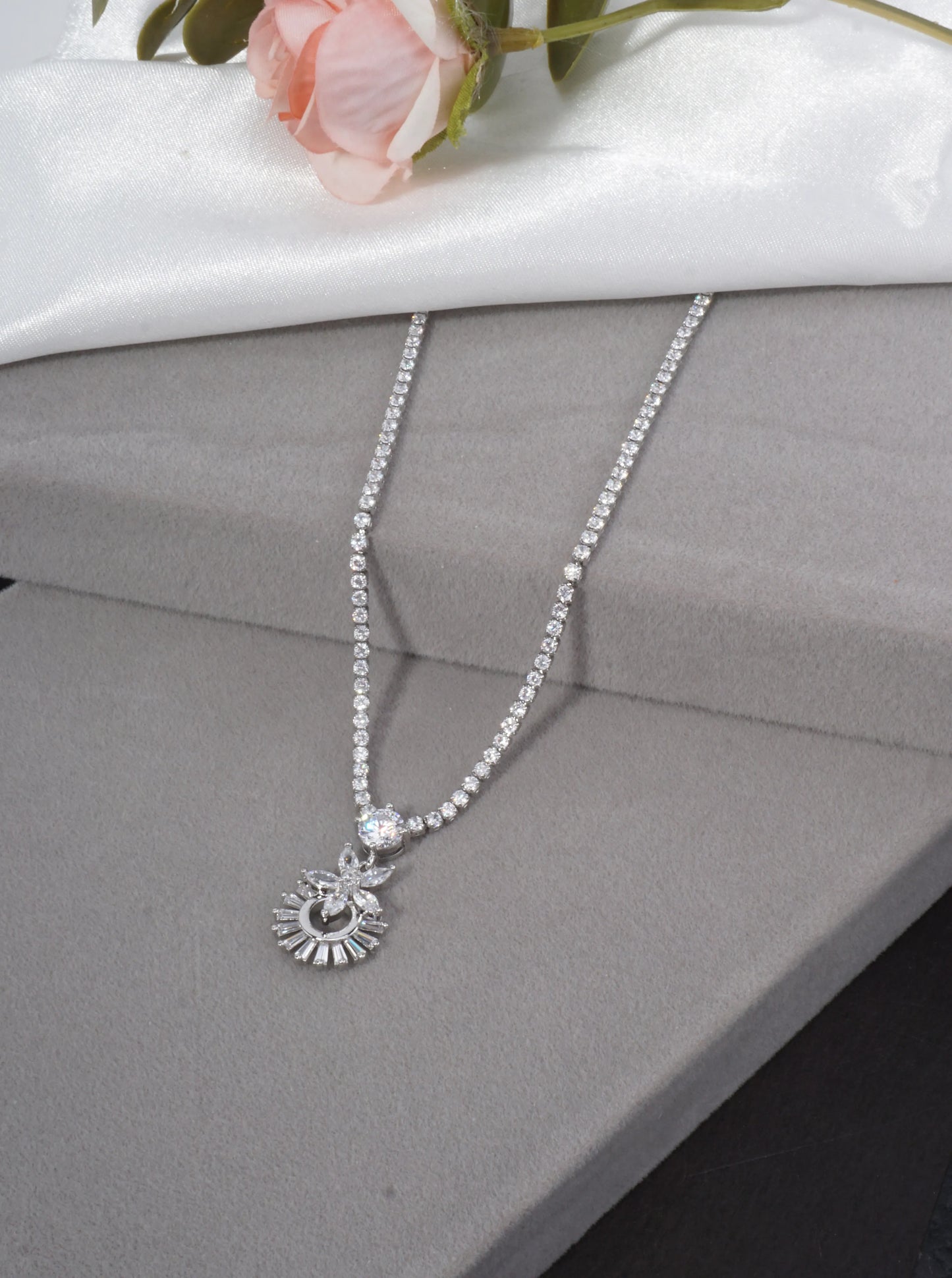 Cubic Zirconia Flower Tennis Necklace