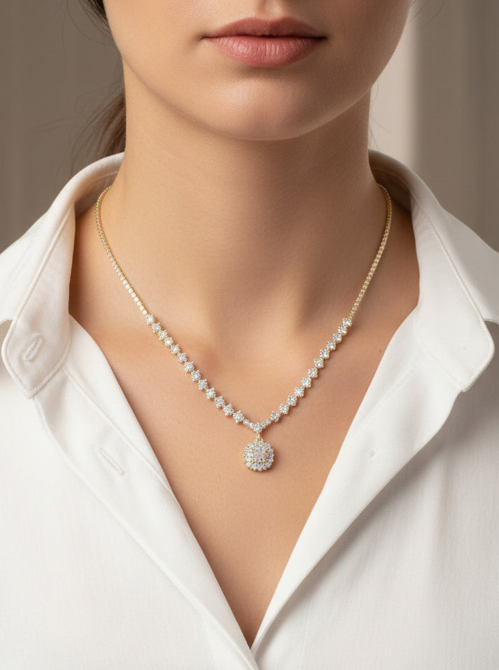 Elegant Round Halo Pave Tennis Necklace