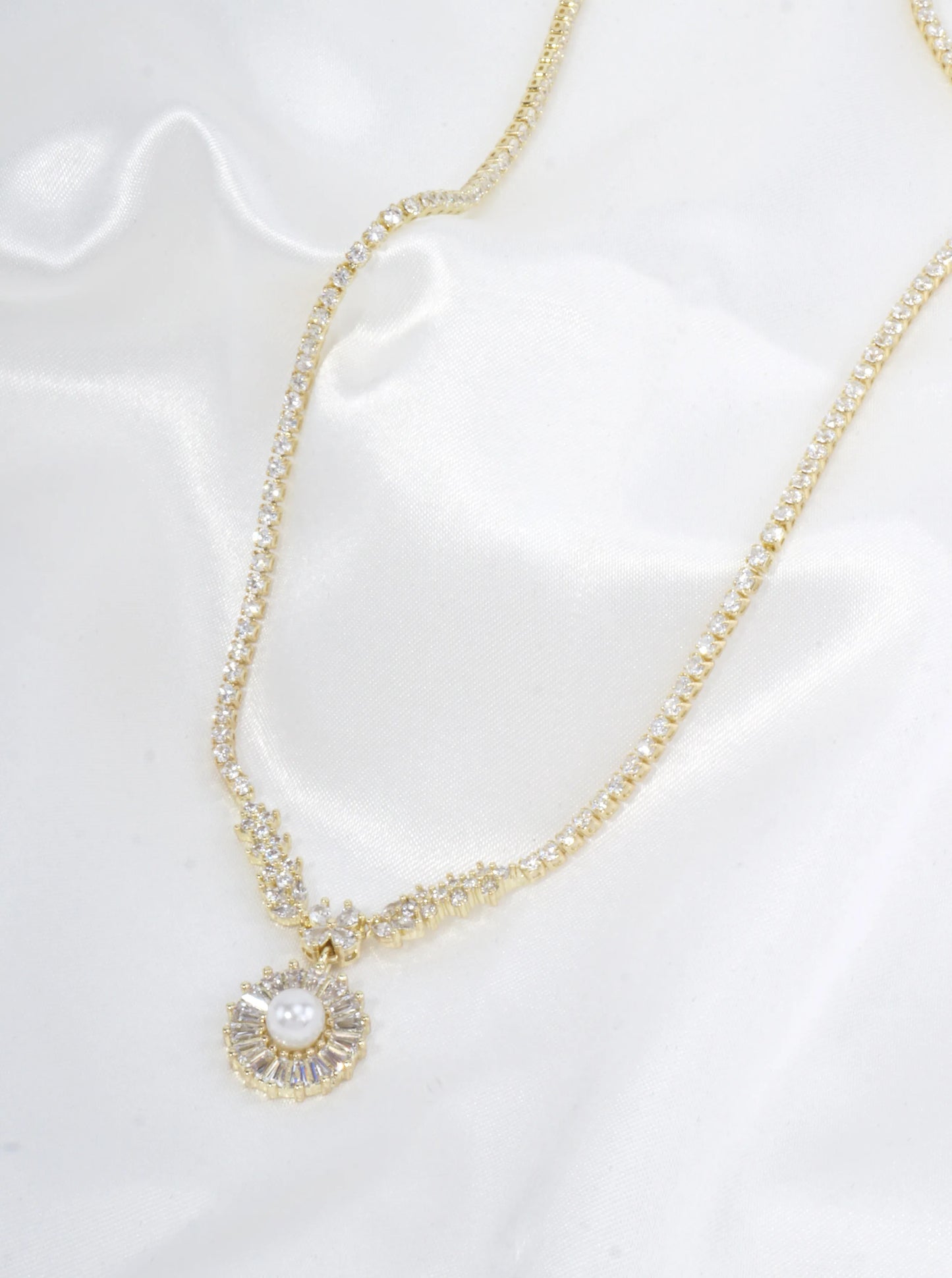 Flower Pave Pearl Halo Tennis Necklace With CZ