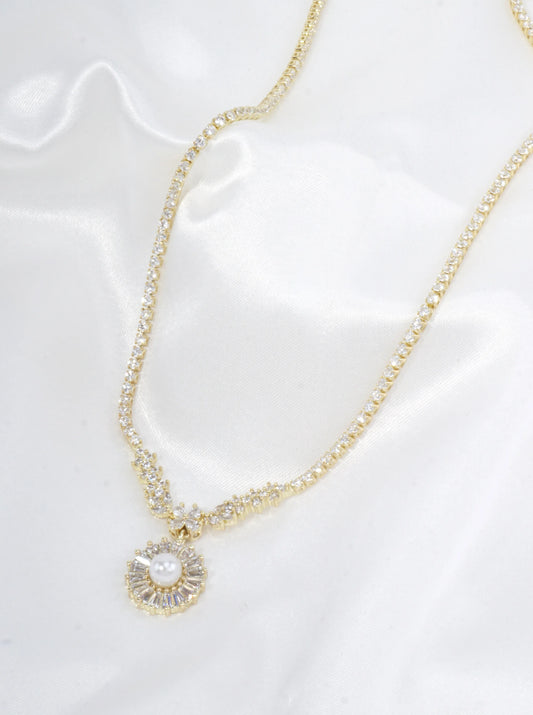 Flower Pave Pearl Halo Tennis Necklace With CZ