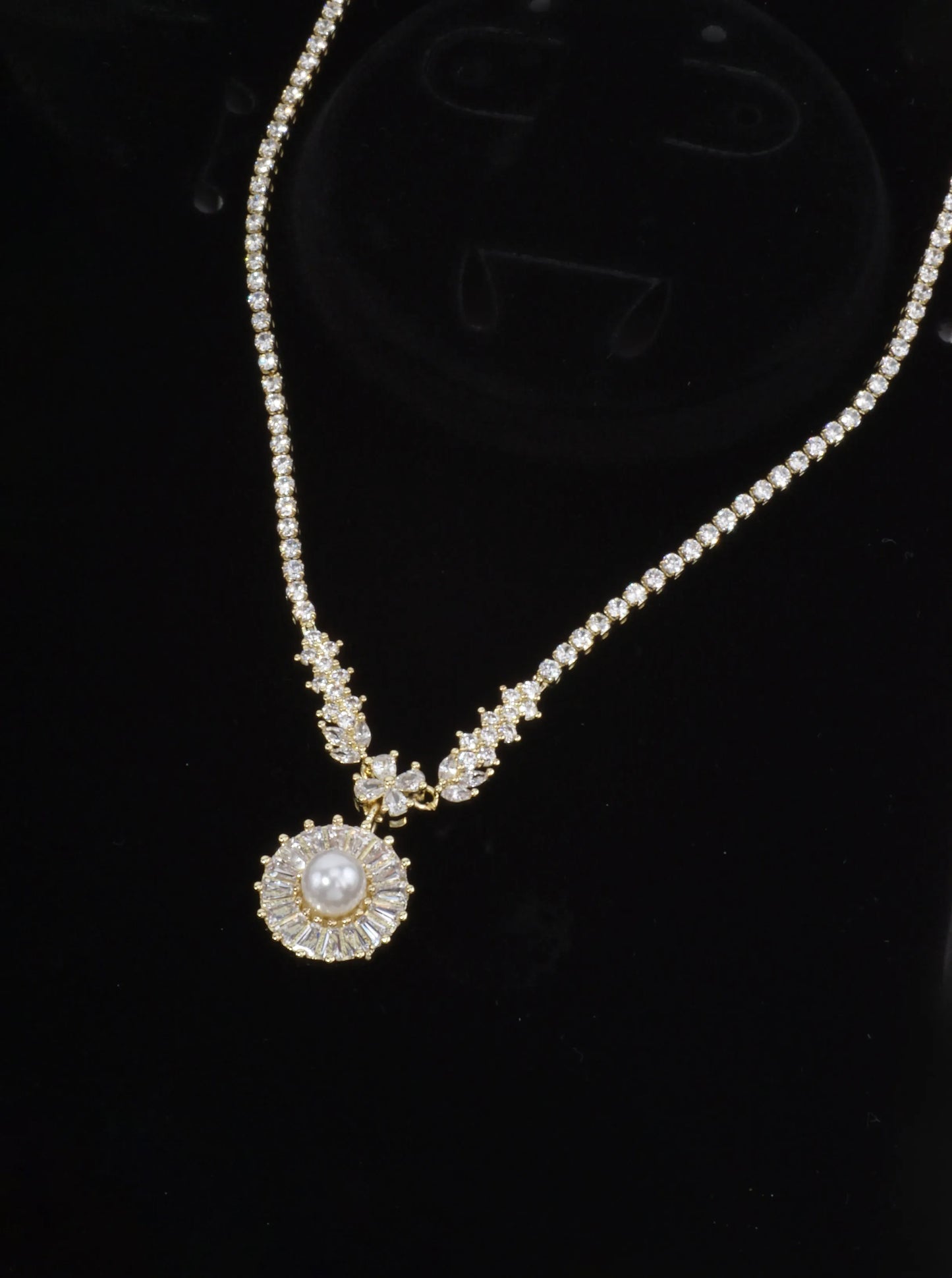 Flower Pave Pearl Halo Tennis Necklace With CZ
