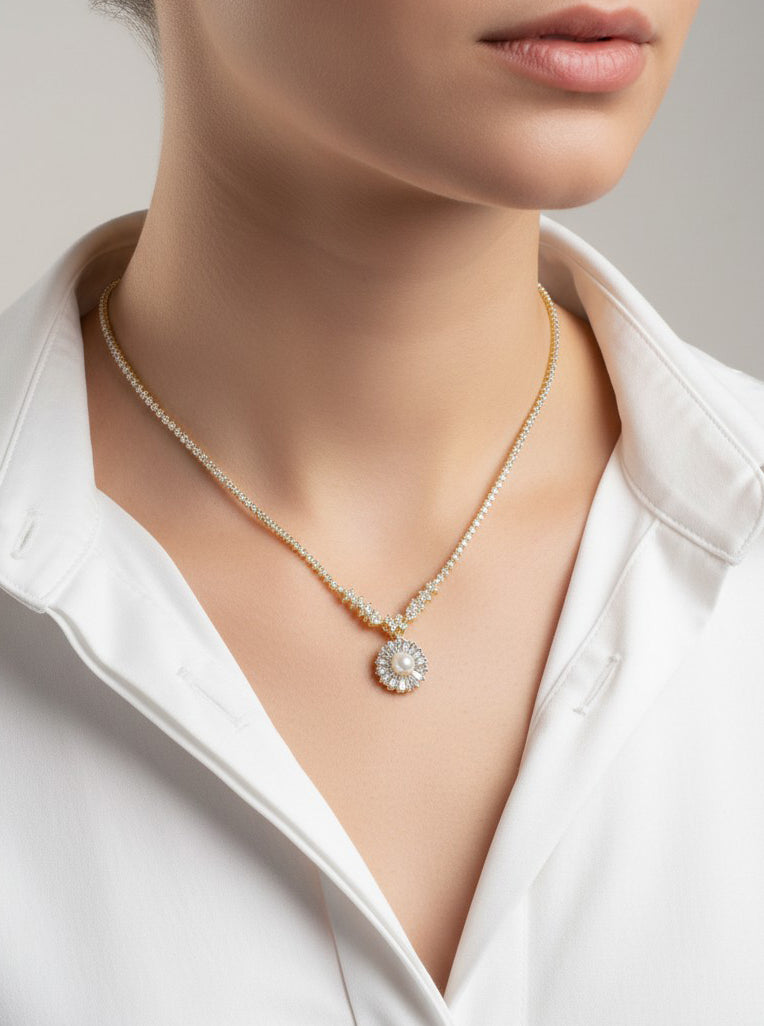 Flower Pave Pearl Halo Tennis Necklace With CZ