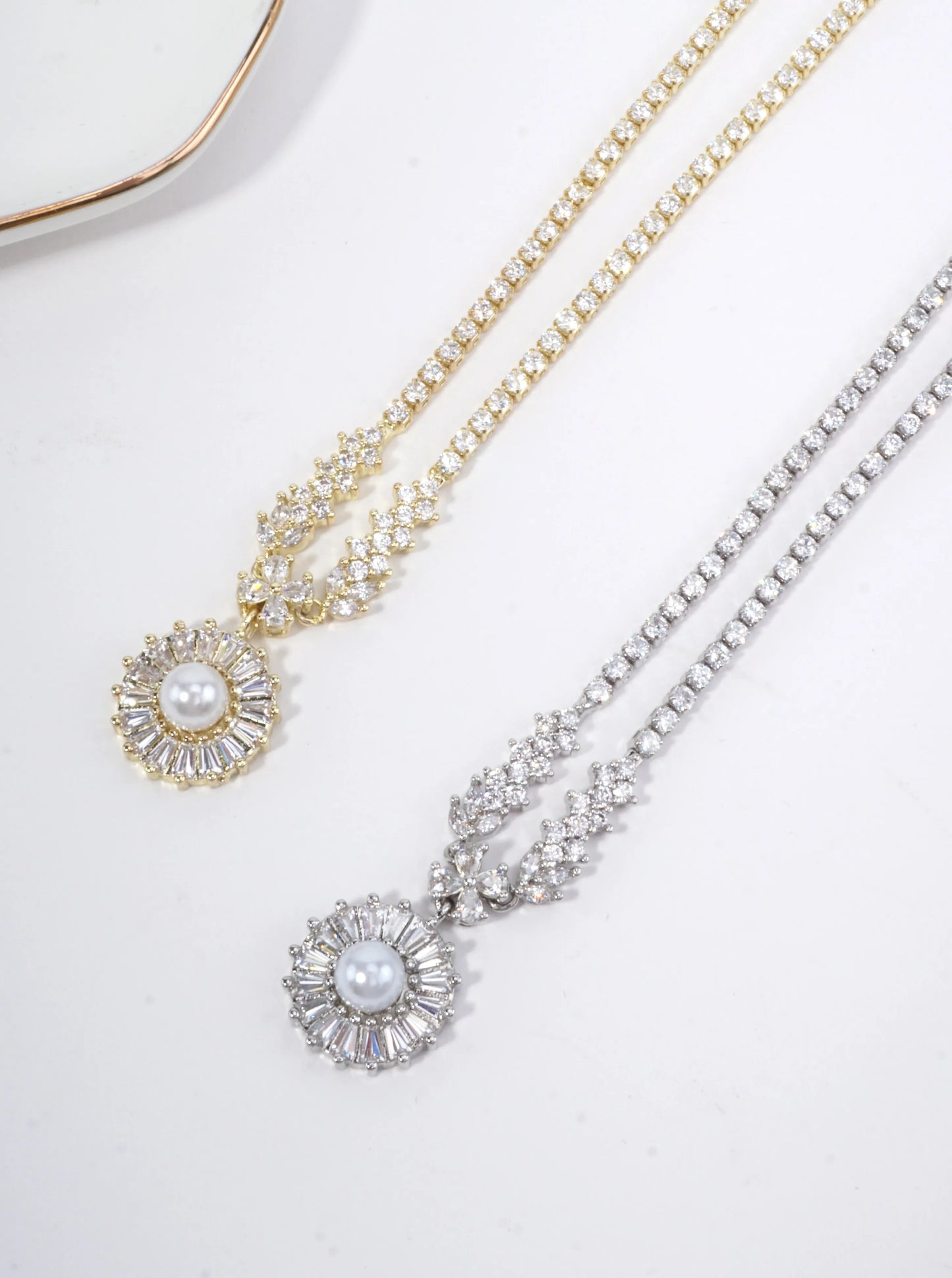 Flower Pave Pearl Halo Tennis Necklace With CZ