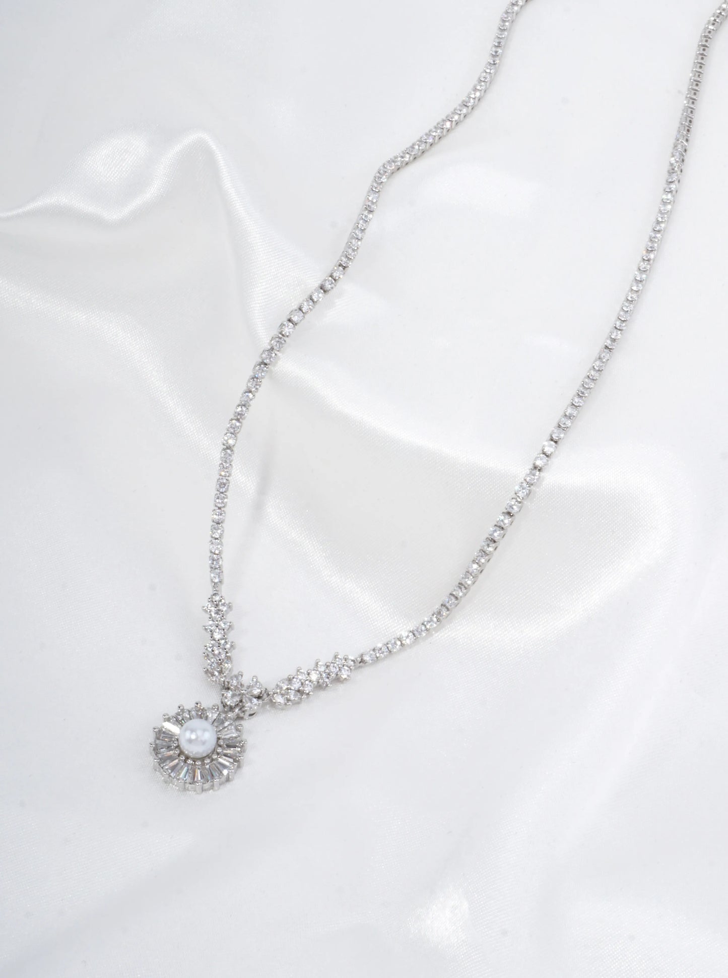 Flower Pave Pearl Halo Tennis Necklace With CZ
