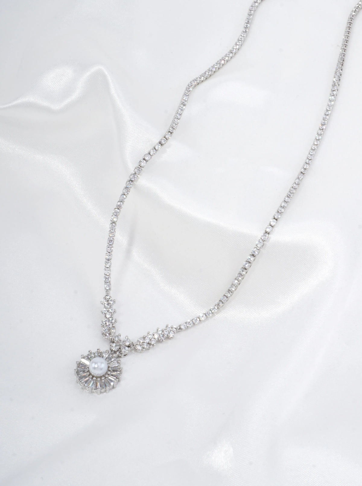 Flower Pave Pearl Halo Tennis Necklace With CZ