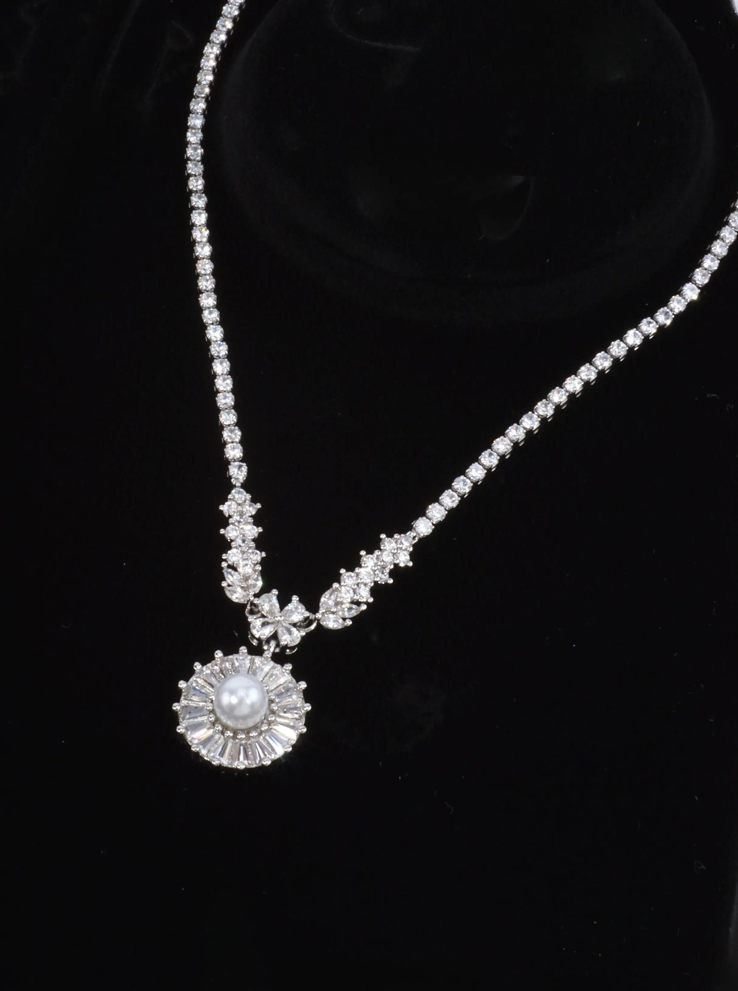 Flower Pave Pearl Halo Tennis Necklace With CZ