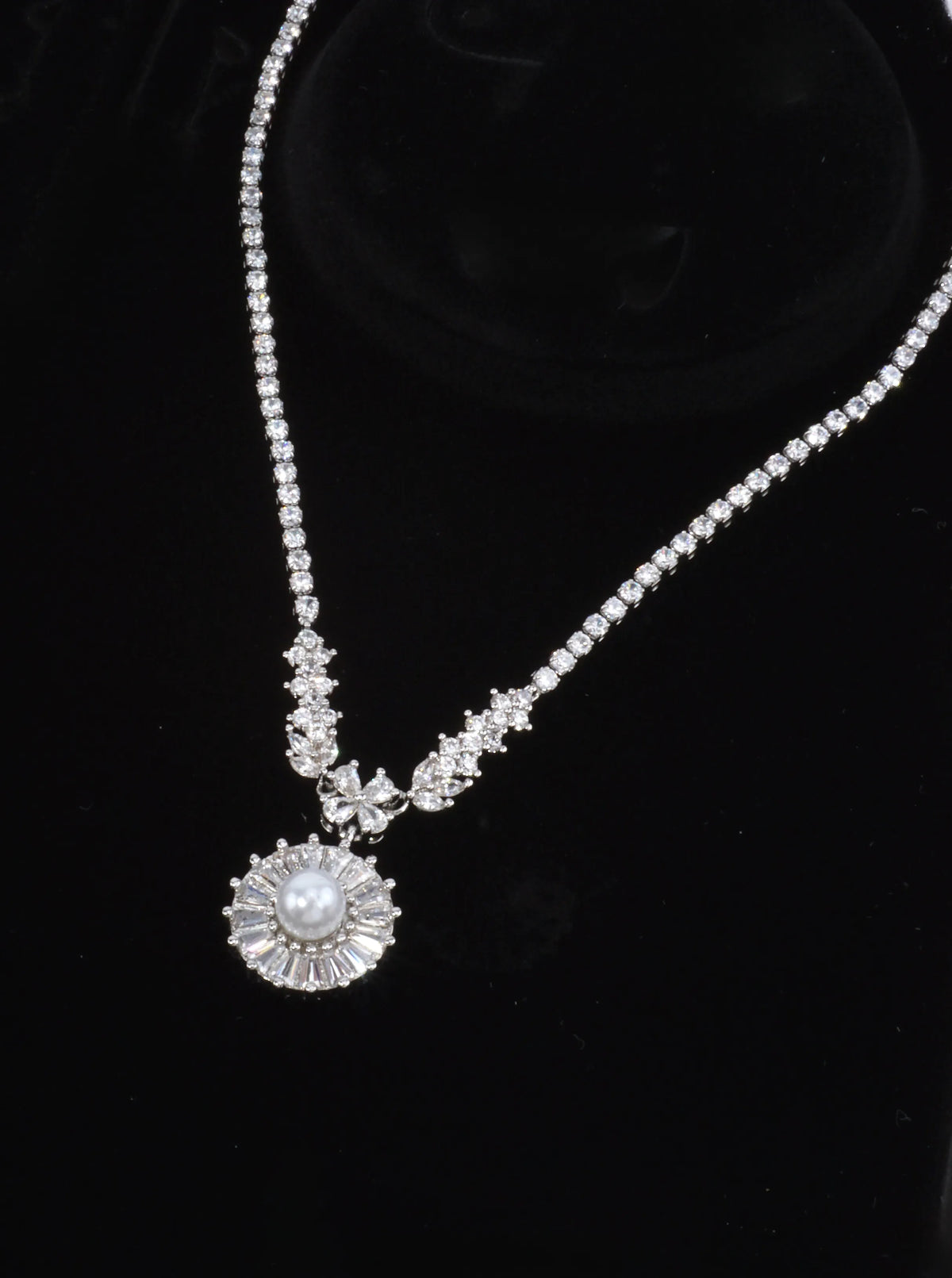 Flower Pave Pearl Halo Tennis Necklace With CZ