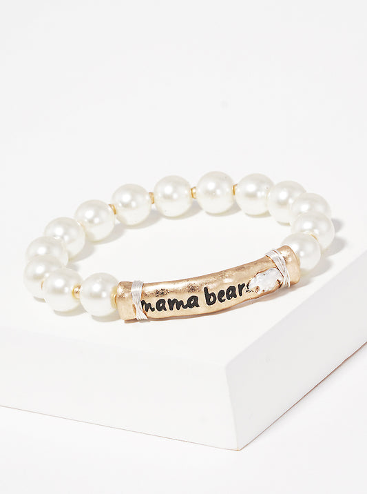 Mama Bear Engraved Wire Wrapped Acylic Pearl Stretch Bracelet
