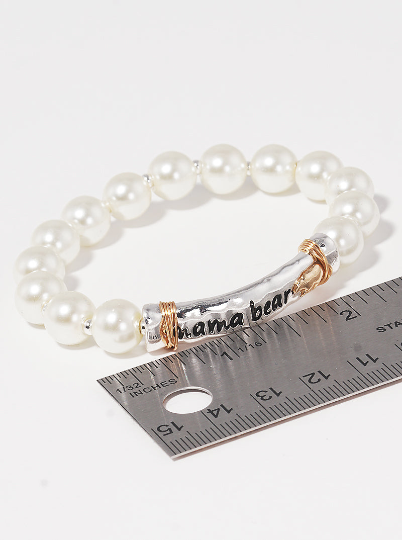 Mama Bear Engraved Wire Wrapped Acylic Pearl Stretch Bracelet