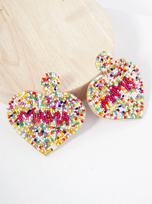 Mama Seed-Beaded Big Heart Mothers-Day Statement Earrings
