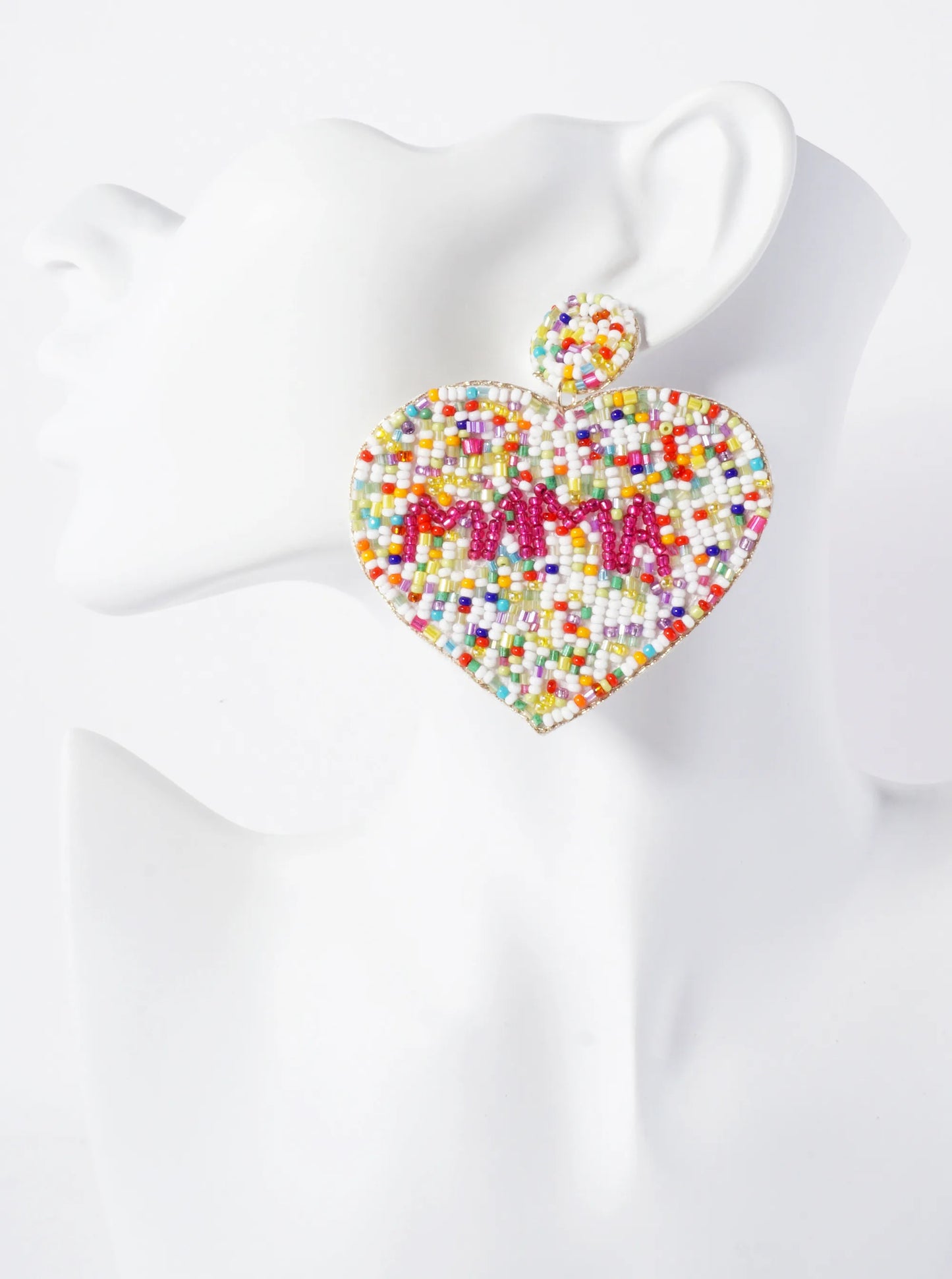 Mama Seed-Beaded Big Heart Mothers-Day Statement Earrings