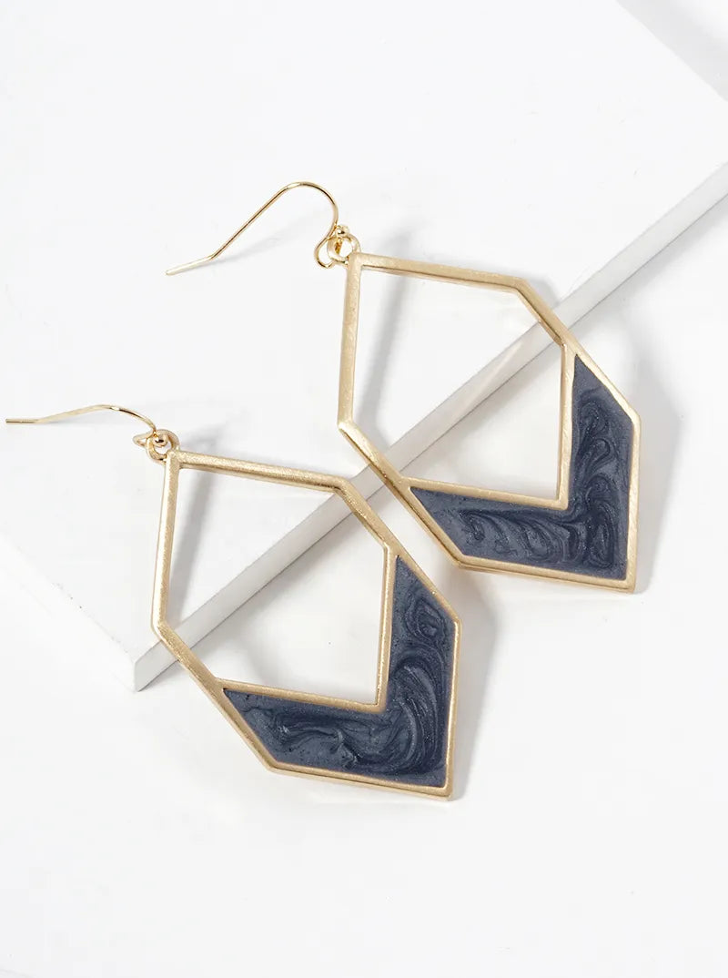 Marble Enamel Filled Long Hexagon Dangle Drop Earrings