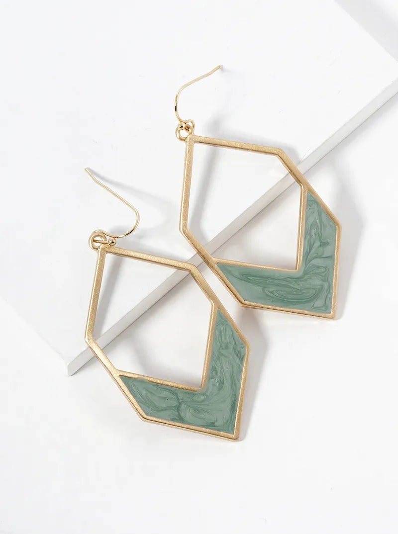 Marble Enamel Filled Long Hexagon Dangle Drop Earrings