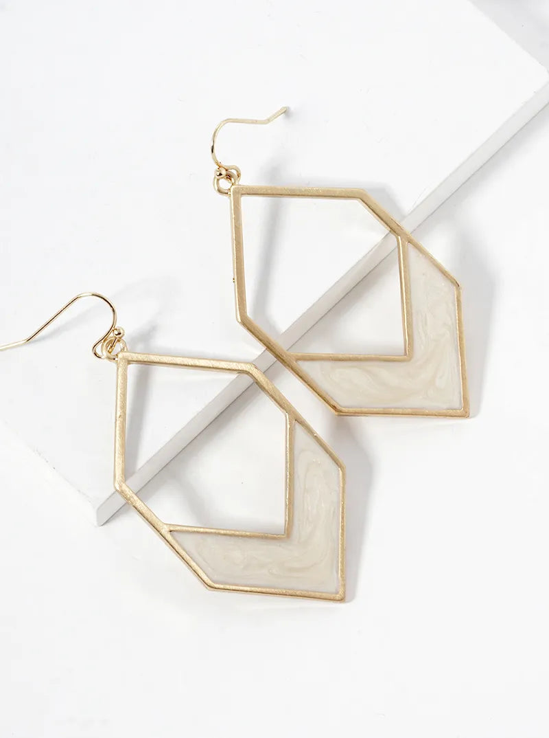 Marble Enamel Filled Long Hexagon Dangle Drop Earrings