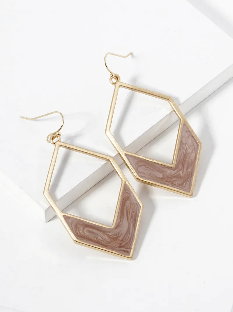 Marble Enamel Filled Long Hexagon Dangle Drop Earrings
