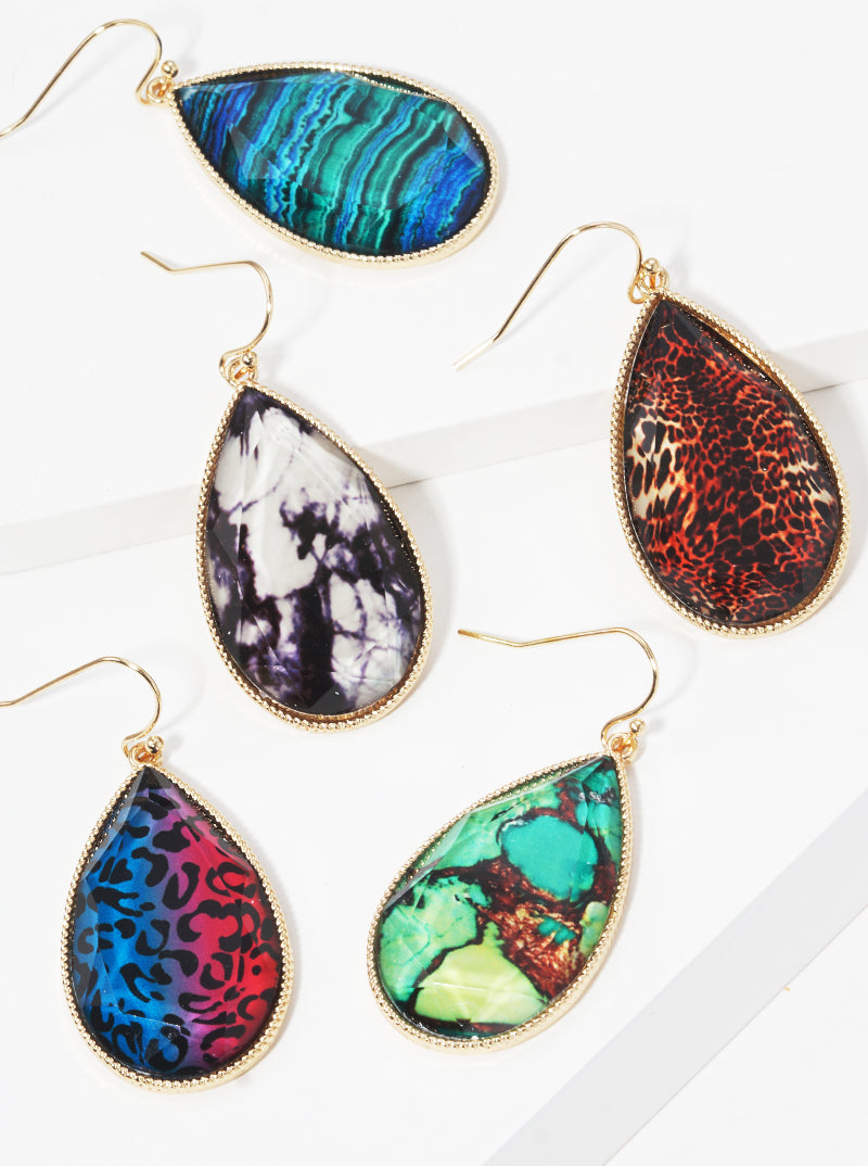 Marble Print Epoxy Resin Teardrop Dangle Drop Earrings