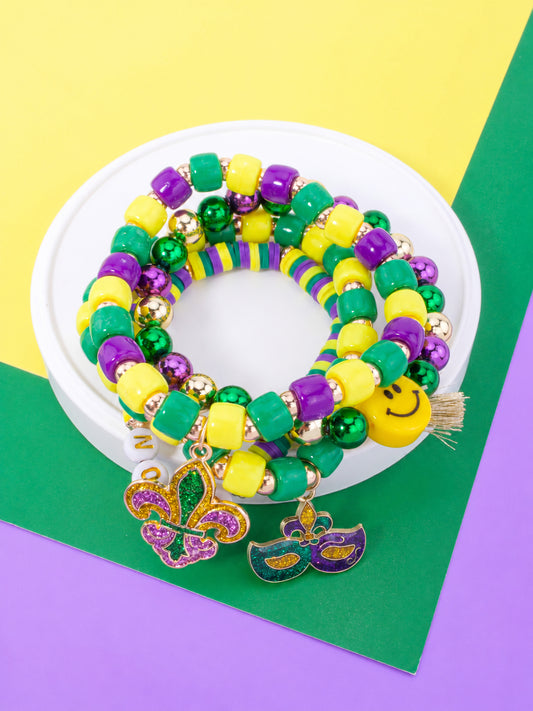 Mardi Gras Multi Charm Beaded Stretch Bracelet