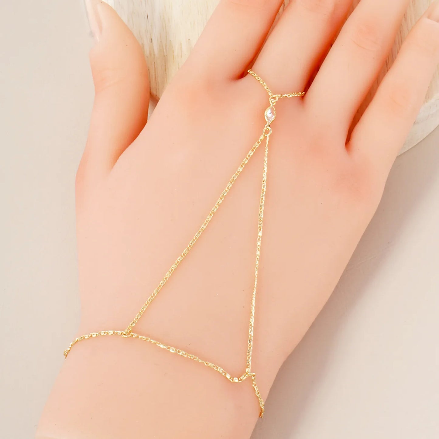 Marquise CZ-Stone Accent 18K-Gold-Dipped Delicate Brass Hand-Chain Bracelet