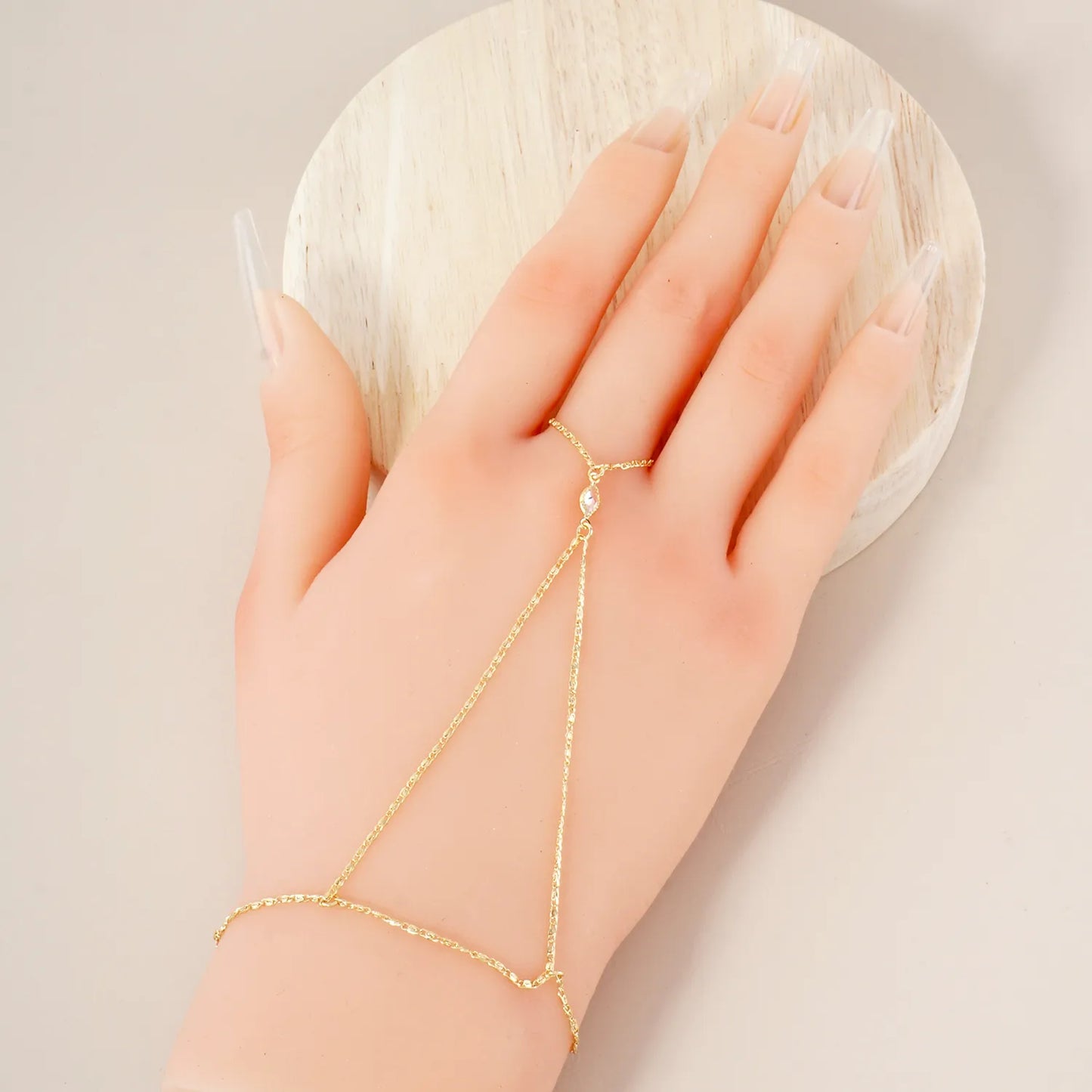 Marquise CZ-Stone Accent 18K-Gold-Dipped Delicate Brass Hand-Chain Bracelet