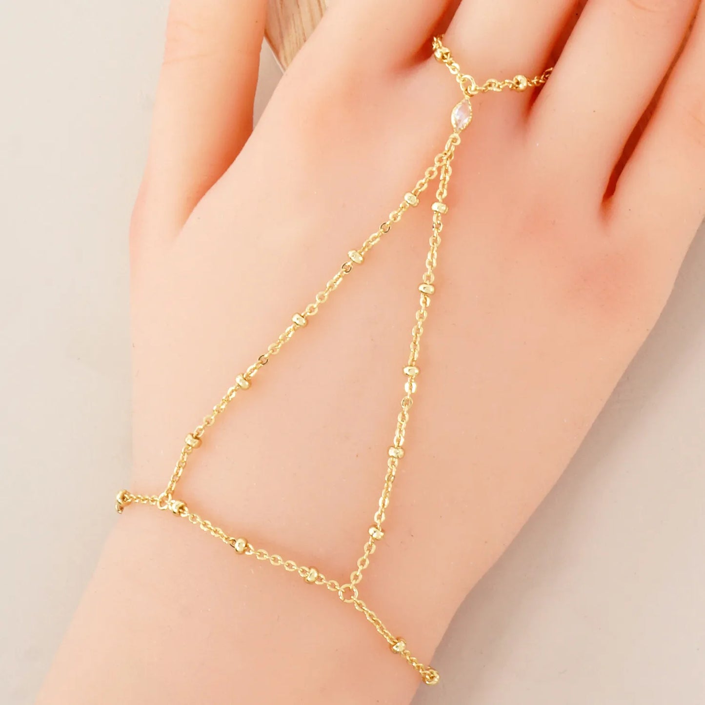 Marquise CZ-Stone Accent 18K-Gold-Dipped Delicate Satellite Chain Brass Hand-Chain Bracelet
