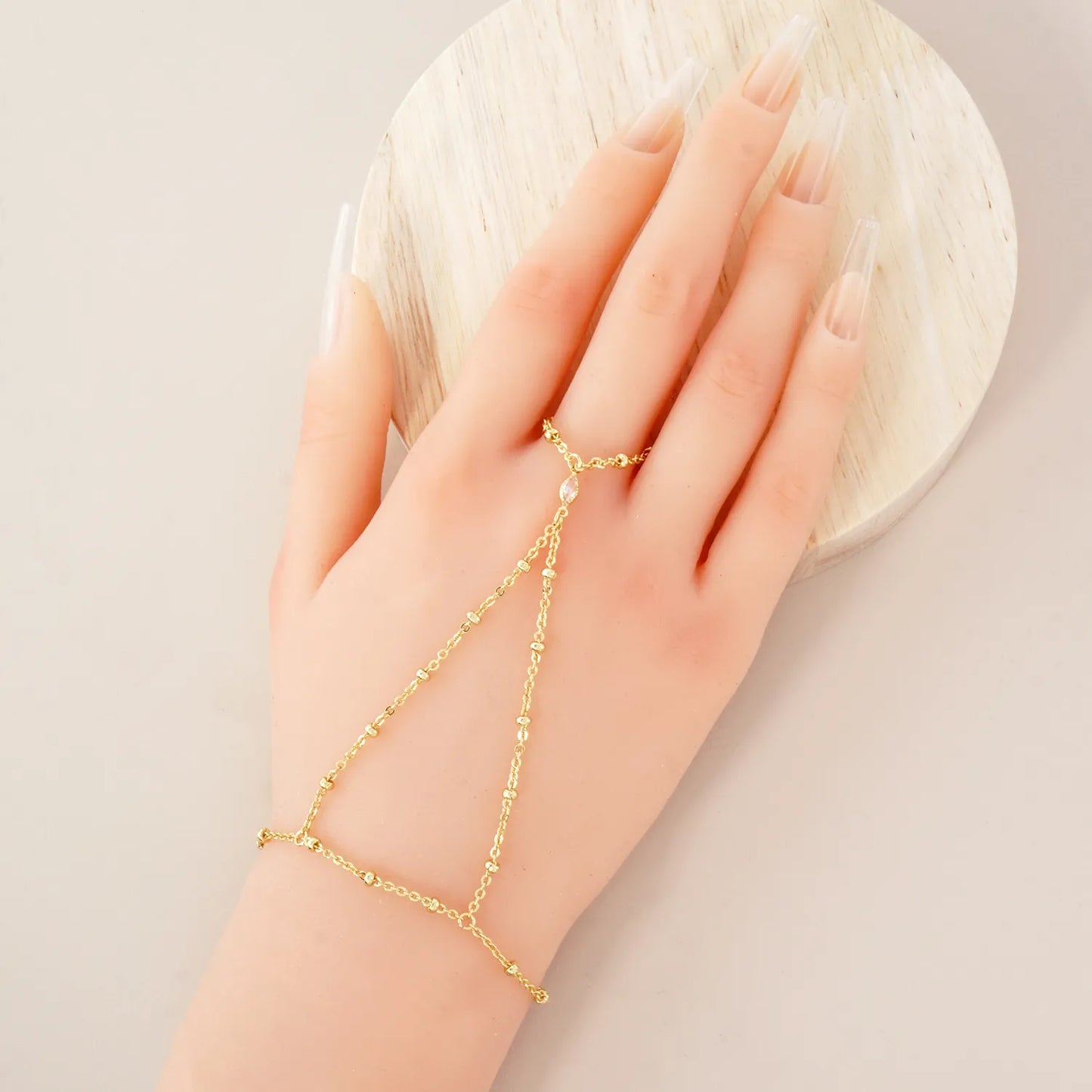 Marquise CZ-Stone Accent 18K-Gold-Dipped Delicate Satellite Chain Brass Hand-Chain Bracelet