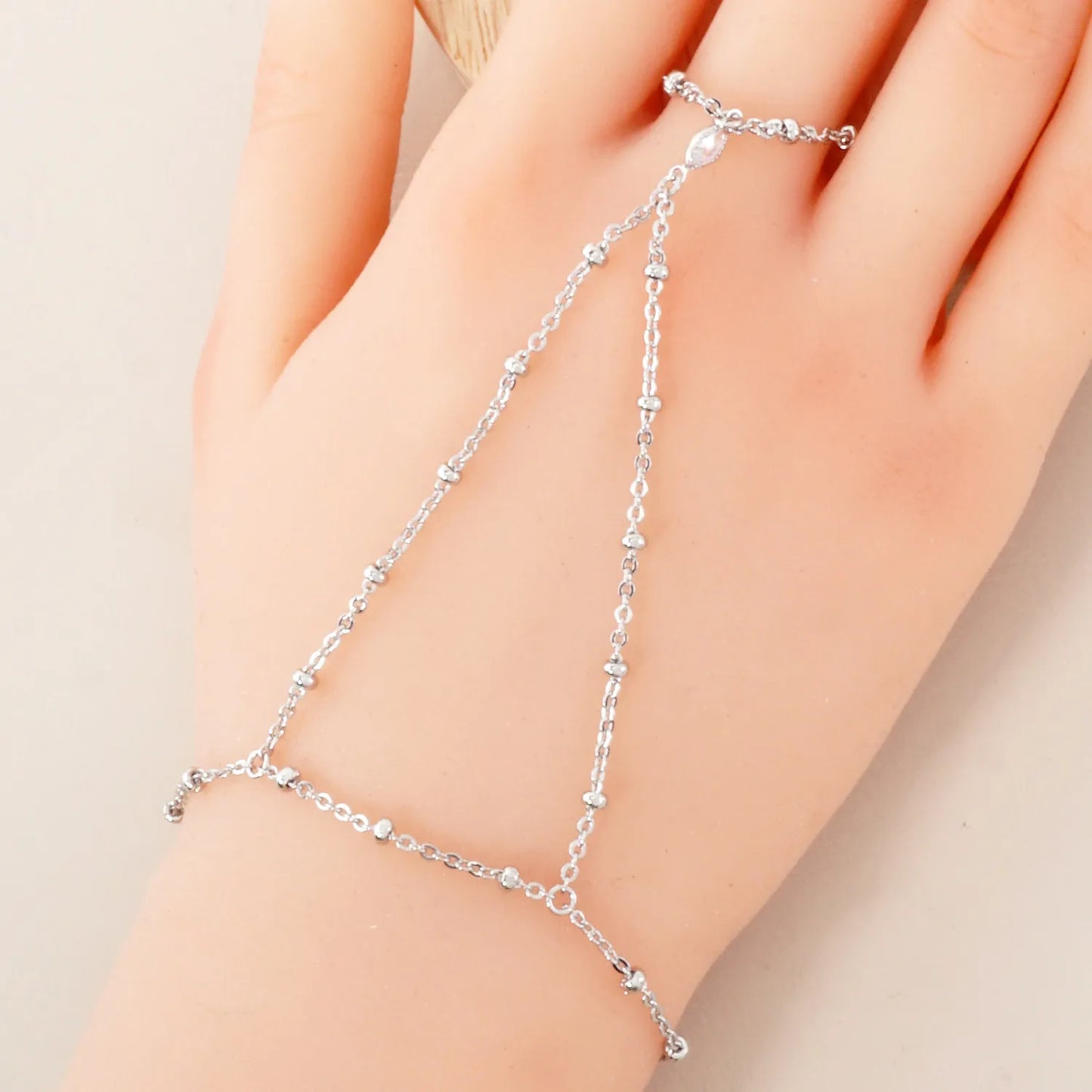 Marquise CZ-Stone Accent 18K-Gold-Dipped Delicate Satellite Chain Brass Hand-Chain Bracelet