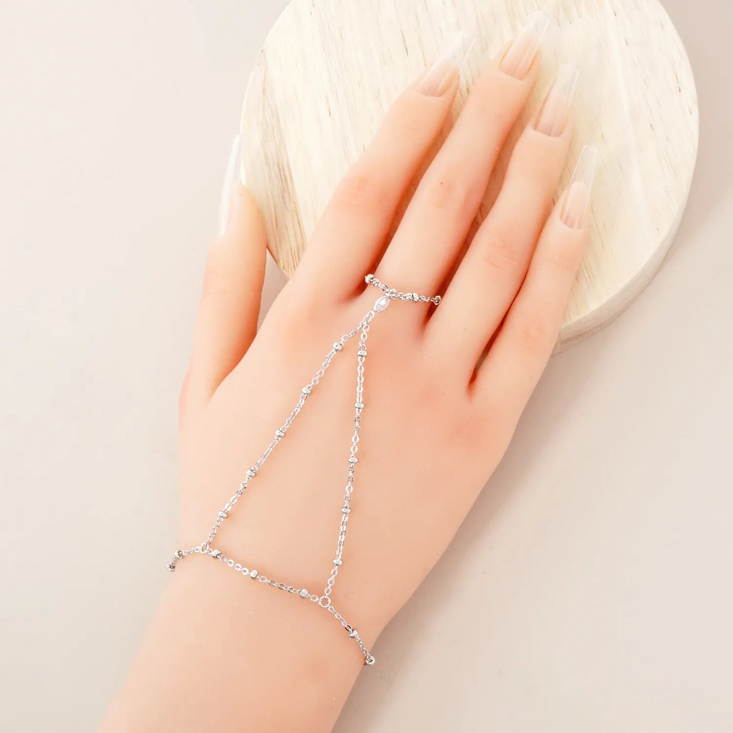 Marquise CZ-Stone Accent 18K-Gold-Dipped Delicate Satellite Chain Brass Hand-Chain Bracelet