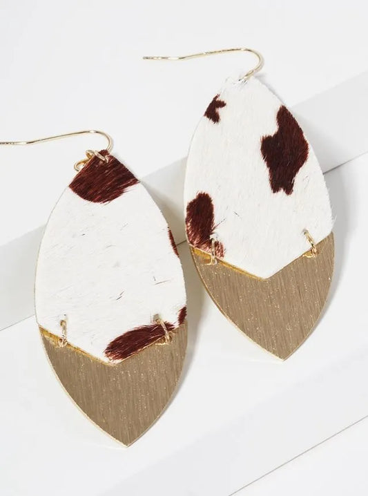 Marquise Shape Animal Printed Genuine Cowhide Leather Fish Hook Dangle Drop Earrings