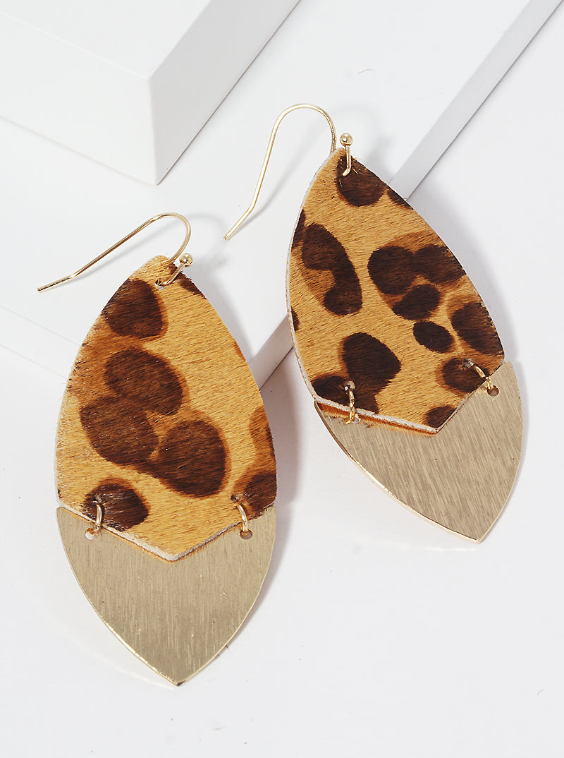 Marquise Shape Animal Printed Genuine Cowhide Leather Fish Hook Dangle Drop Earrings