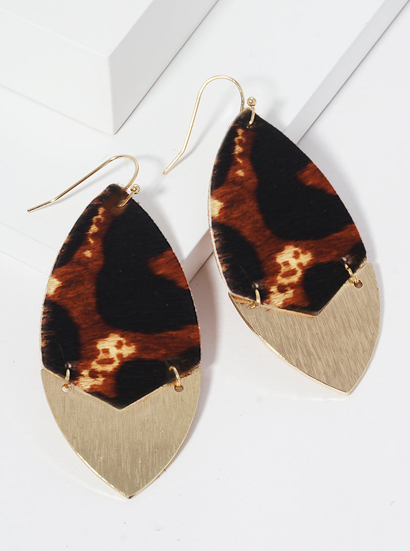 Marquise Shape Animal Printed Genuine Cowhide Leather Fish Hook Dangle Drop Earrings