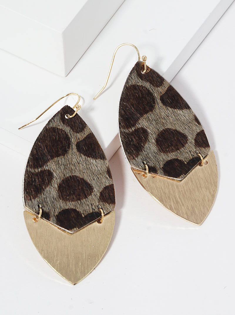 Marquise Shape Animal Printed Genuine Cowhide Leather Fish Hook Dangle Drop Earrings