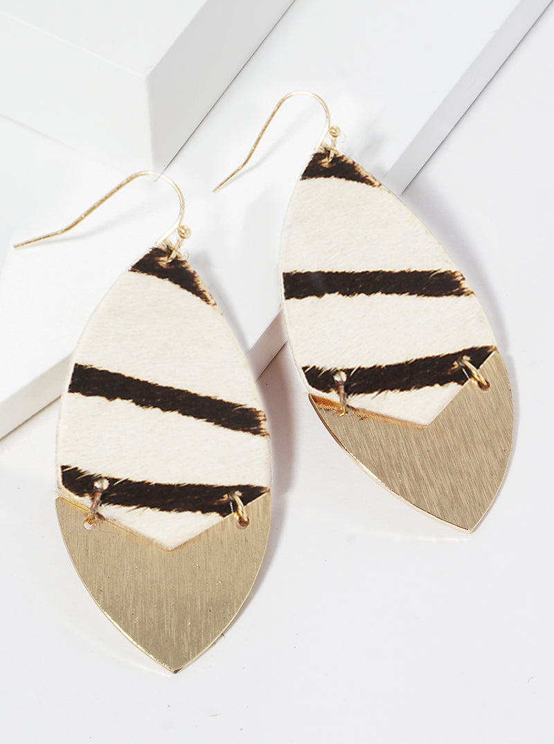 Marquise Shape Animal Printed Genuine Cowhide Leather Fish Hook Dangle Drop Earrings