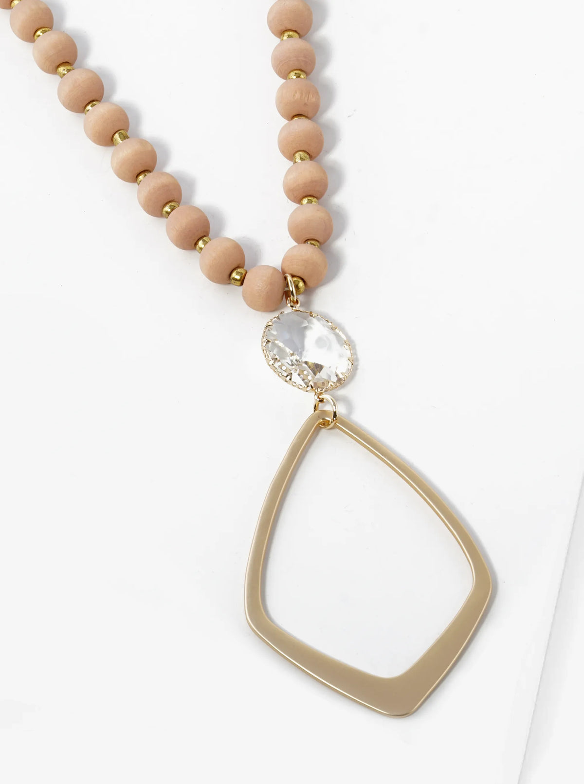 Marquise Shape Brass Pendant Wood Beaded Long Necklace