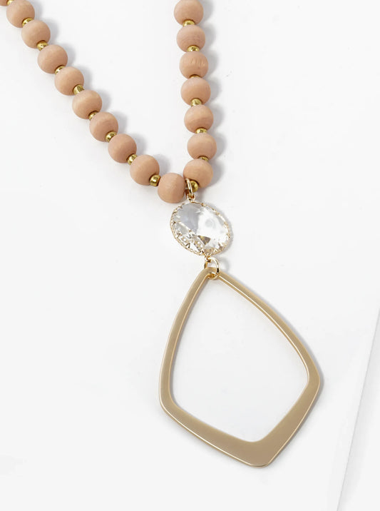 Marquise Shape Brass Pendant Wood Beaded Long Necklace