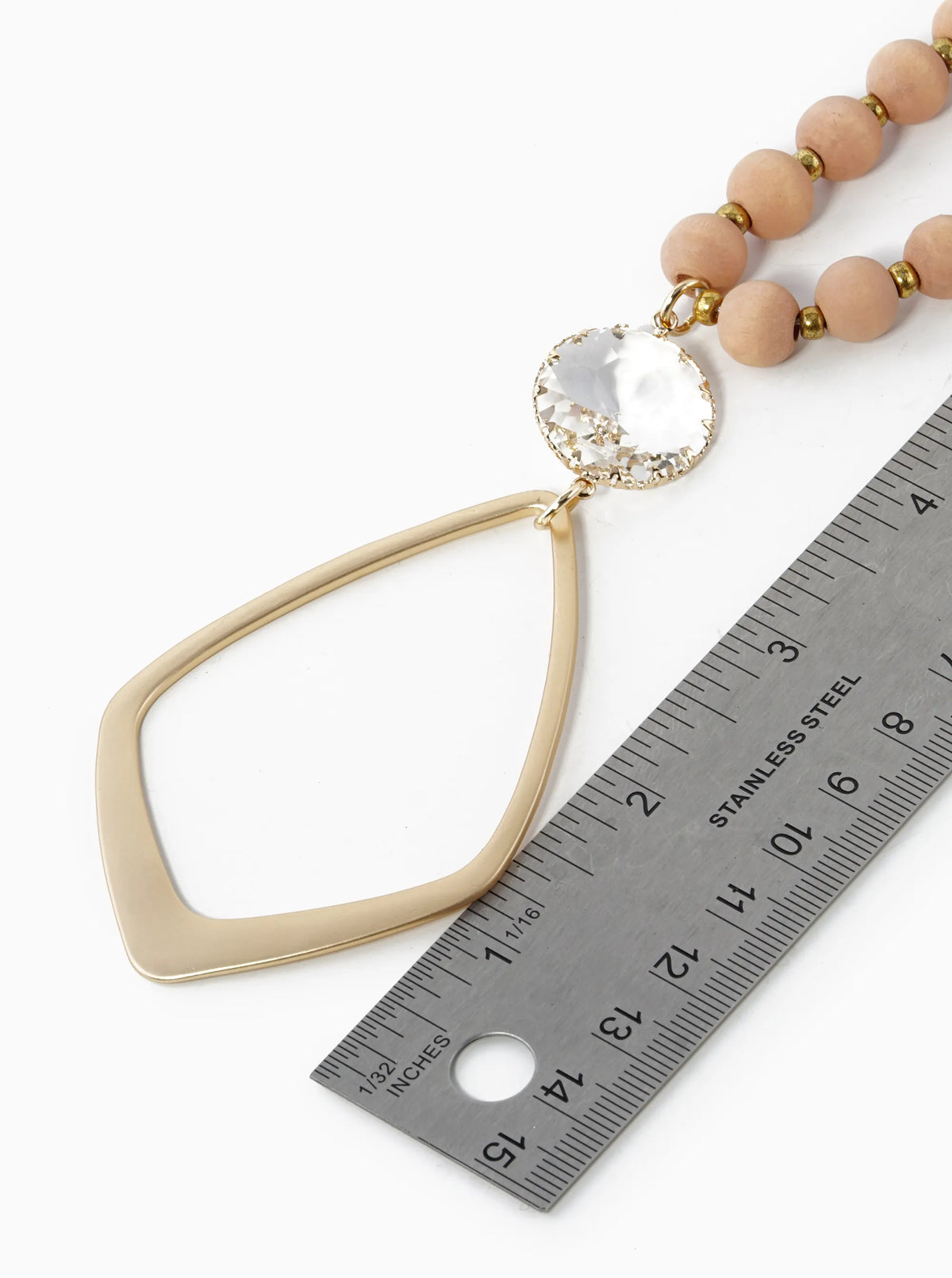 Marquise Shape Brass Pendant Wood Beaded Long Necklace