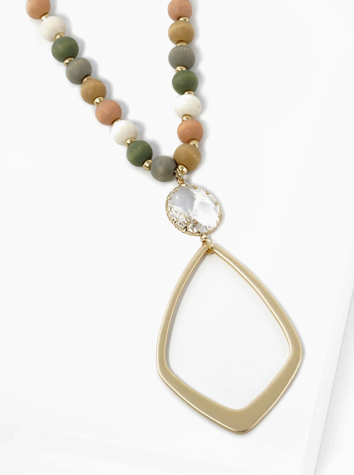Marquise Shape Brass Pendant Wood Beaded Long Necklace
