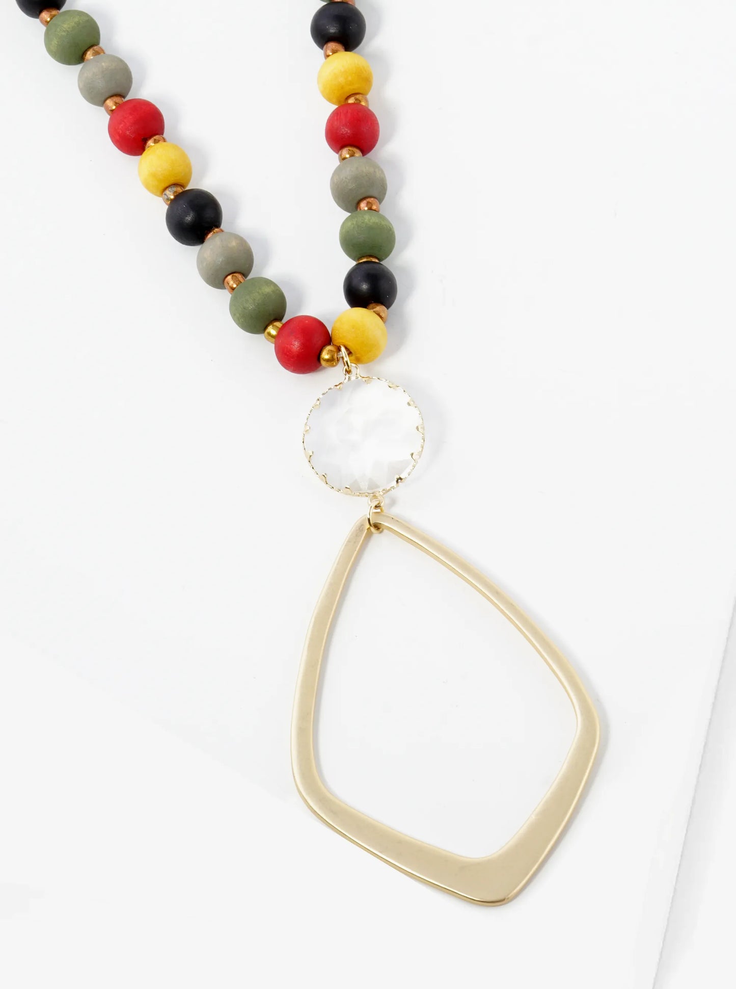 Marquise Shape Brass Pendant Wood Beaded Long Necklace