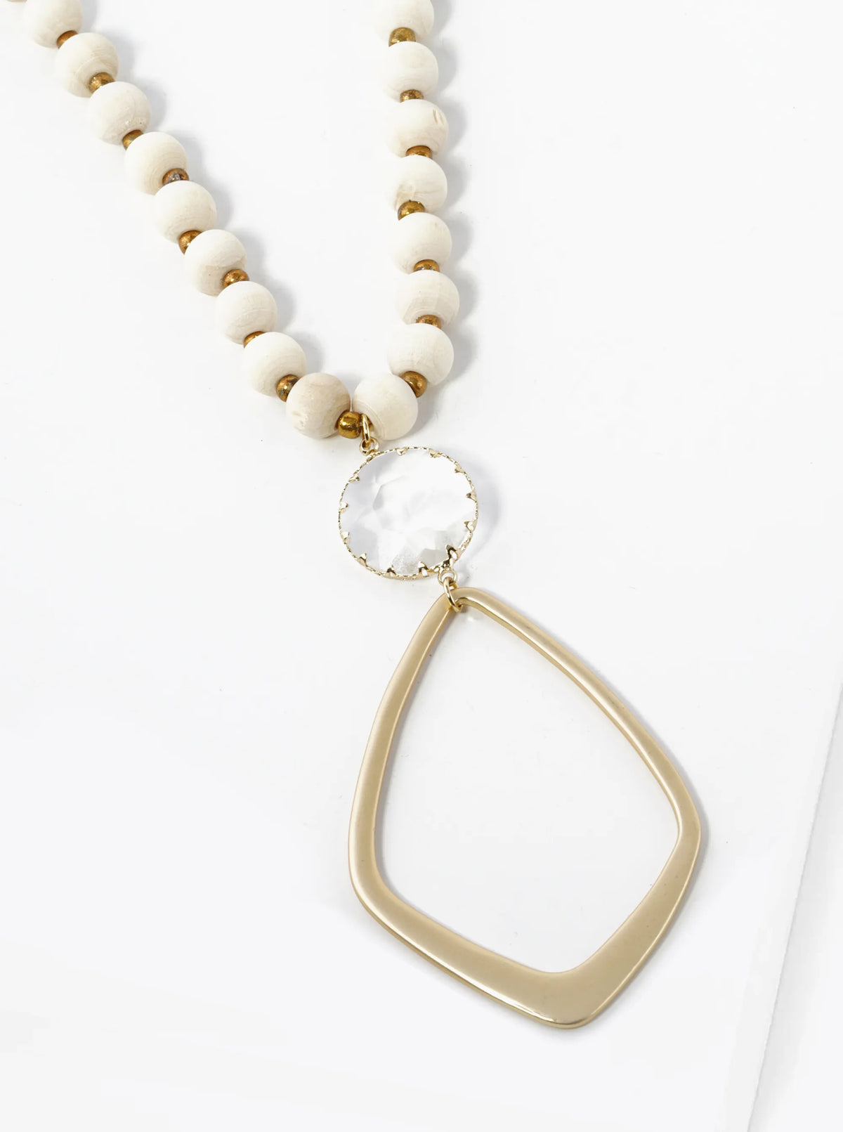 Marquise Shape Brass Pendant Wood Beaded Long Necklace