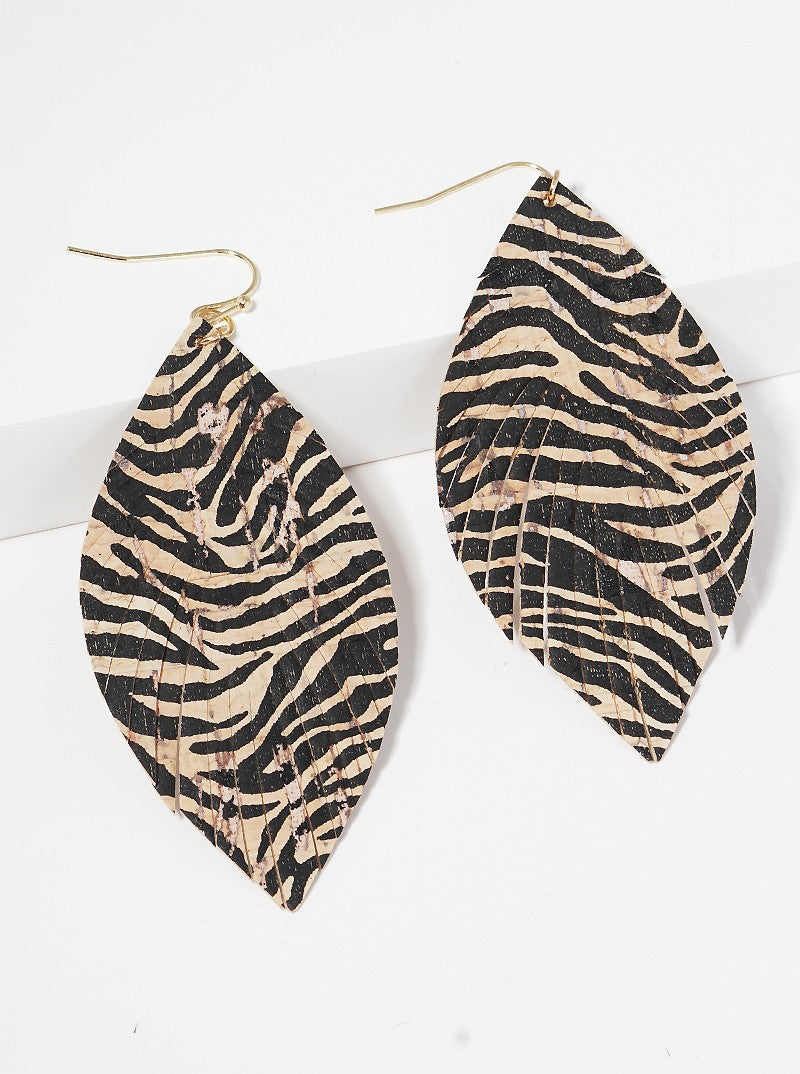 Marquise Shaped Animal Print Genuine Leather Drop Earrings