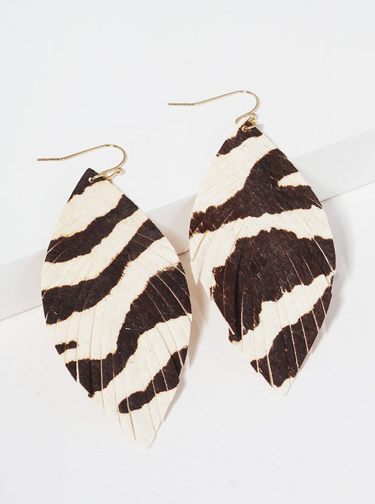 Marquise Shaped Animal Print Genuine Leather Drop Earrings