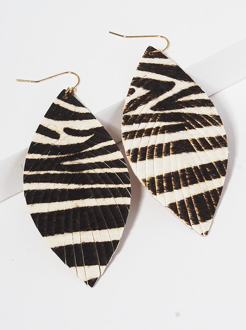 Marquise Shaped Animal Print Genuine Leather Drop Earrings