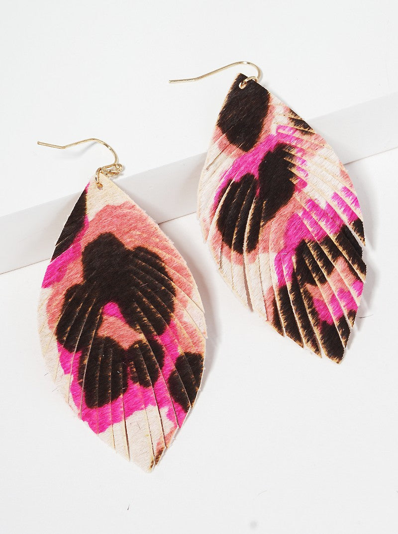 Marquise Shaped Animal Print Genuine Leather Drop Earrings