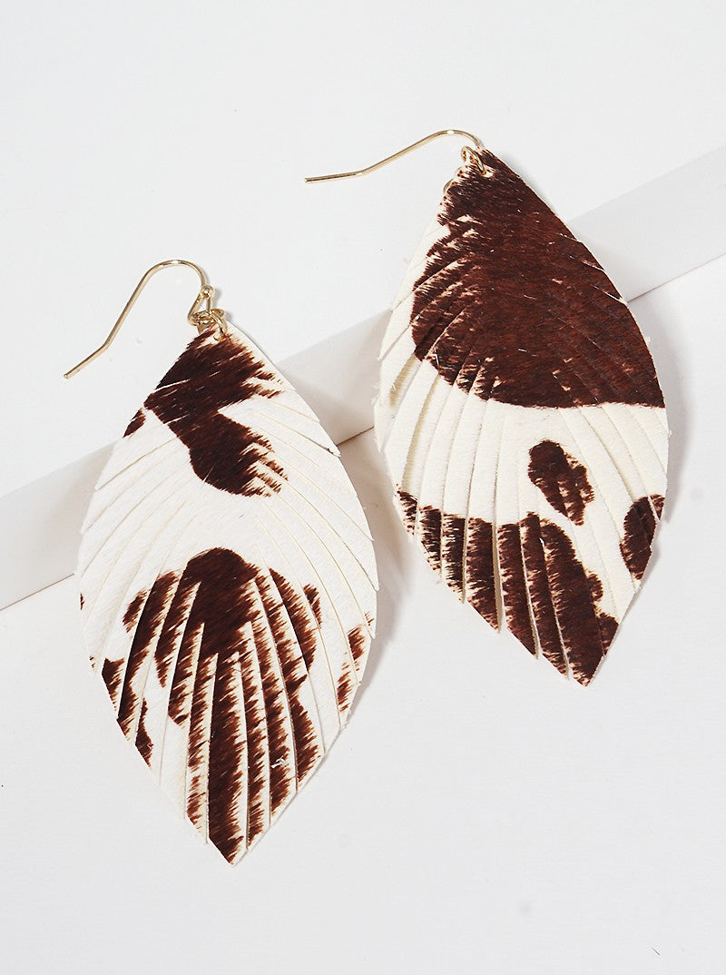 Marquise Shaped Animal Print Genuine Leather Drop Earrings