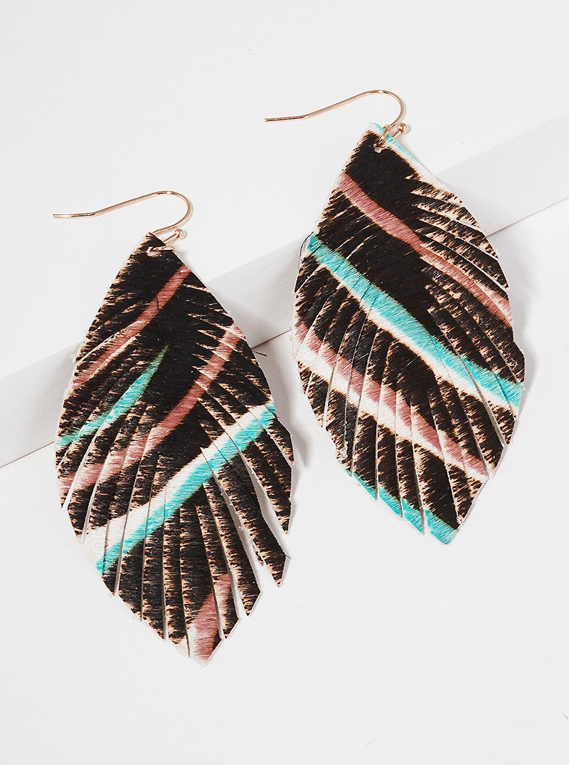 Marquise Shaped Animal Print Genuine Leather Drop Earrings