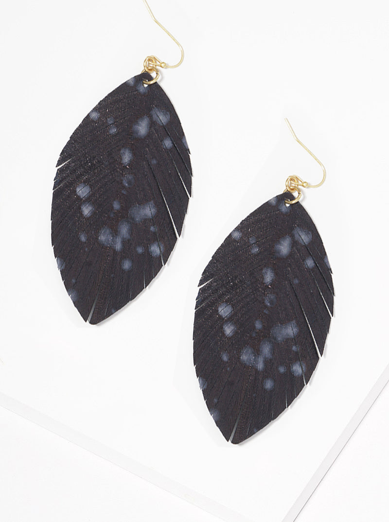 Marquise Shaped Genuine Leather Earrings With A Design Resembling Smudged Ink