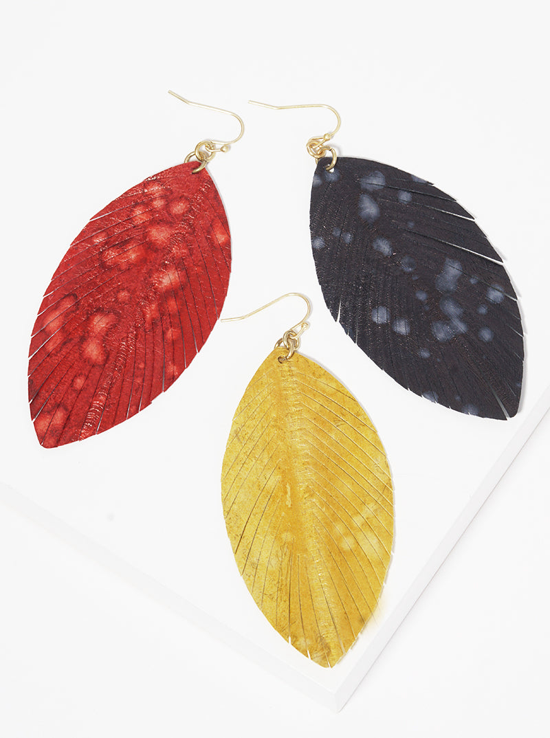 Marquise Shaped Genuine Leather Earrings With A Design Resembling Smudged Ink
