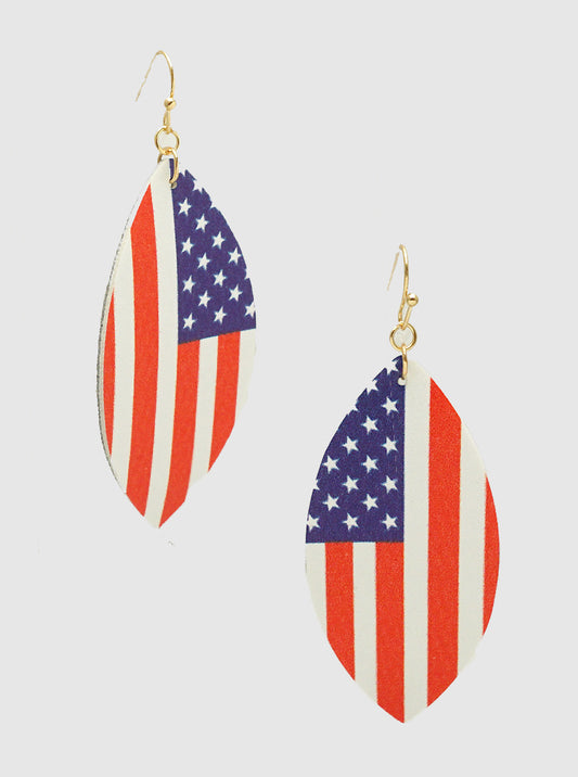 Marquise Shaped USA Flag Printed Leatherette Patriotic Themed Dangle Drop Earrings